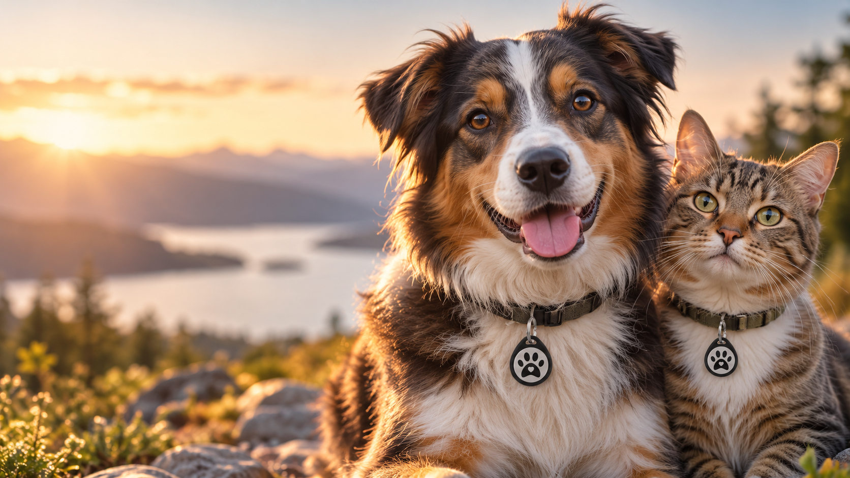 Hund und Katze mit schwarzen Fellaro-Anhängern