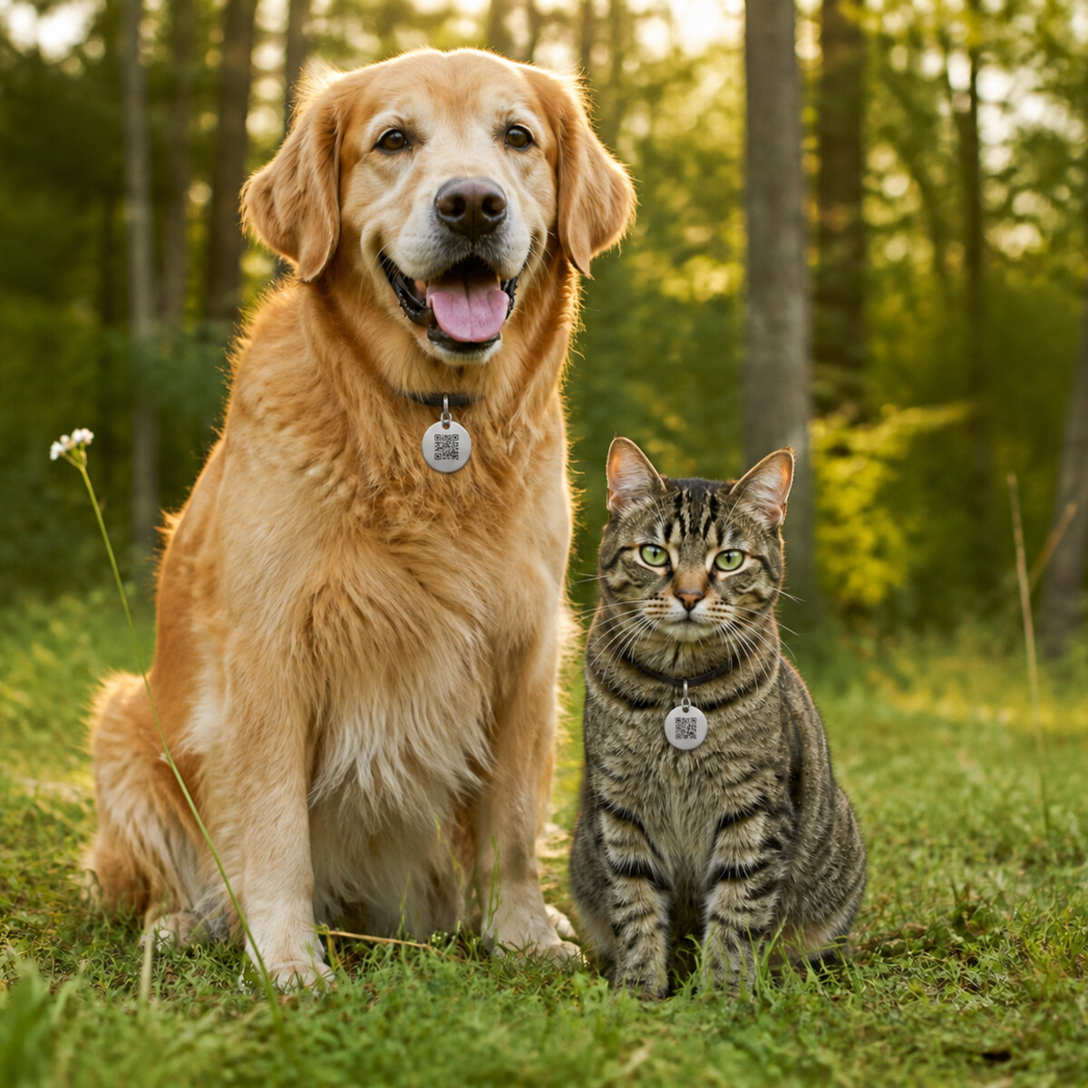 Ein Golden Retriever und eine silberne Katze mit silbernen FELLARO TAGs