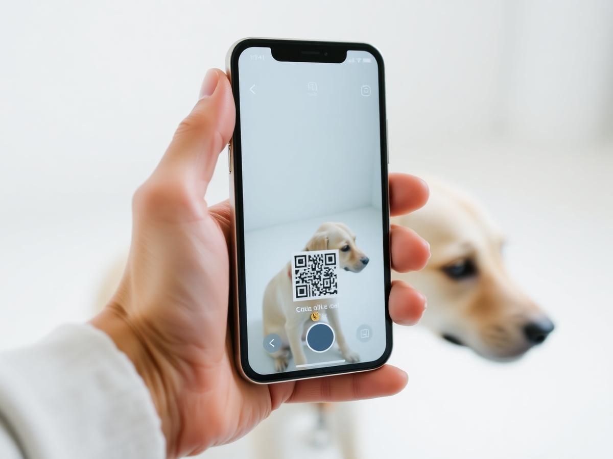 Person scannt mit dem Smartphone einen goldenen Fellaro QR-Anhänger am Hundehalsband
