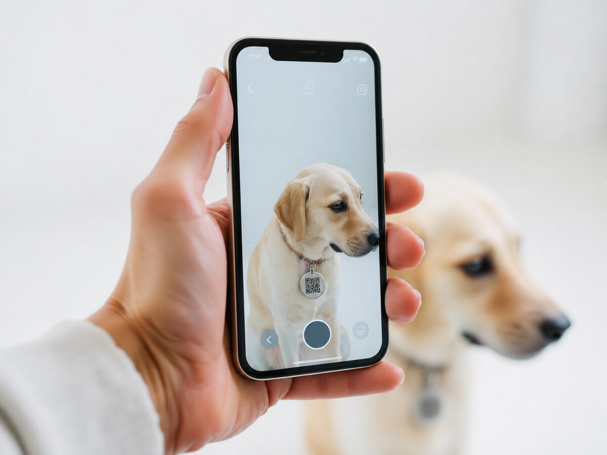 Person scannt mit dem Smartphone einen silbernen FELLARO TAG am Hundehalsband